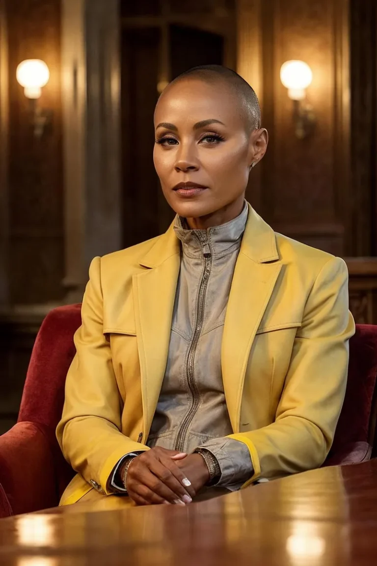 A professional portrait of a woman with a bald head, wearing a stylish yellow jacket and sitting at a wooden table in a dimly lit, elegant room with ornate decorations, AI generated using stable diffusion.