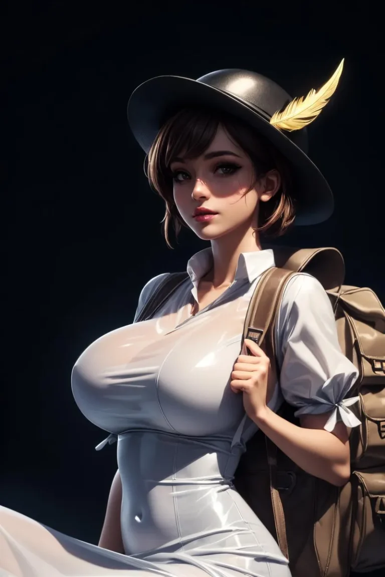 Anime style image of a woman adventurer with a hat and backpack. The woman has short brown hair, and she is wearing a shiny white shirt that is form fitting. There is a yellow feather on the hat.