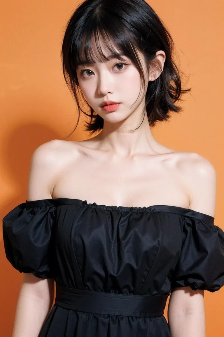 Portrait of a young woman with short black hair, wearing an off-shoulder black dress, standing against an orange background. AI generated image using stable diffusion.