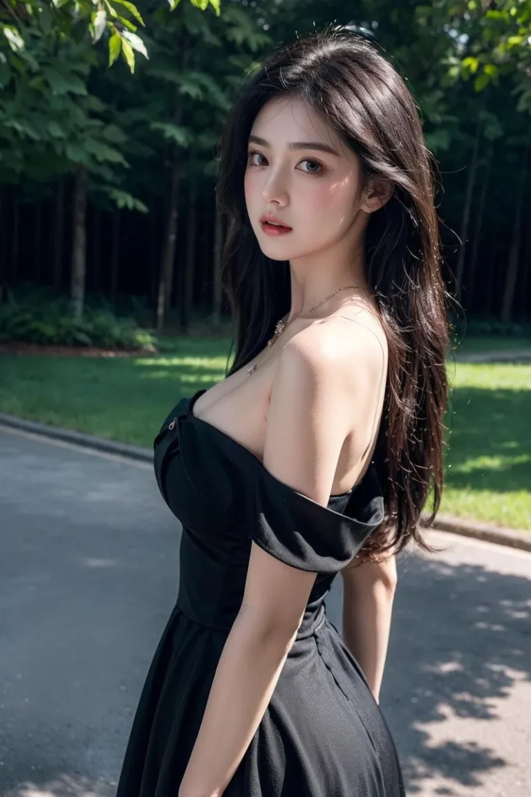 A stunning AI generated image using stable diffusion of a beautiful woman with long dark hair, wearing an elegant off-shoulder black dress, standing outdoors with greenery in the background.