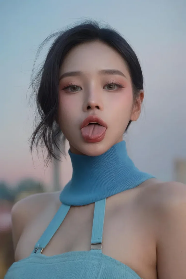 Close-up of a young woman with dark hair sticking out her tongue while wearing a blue dress, an AI generated image using Stable Diffusion.