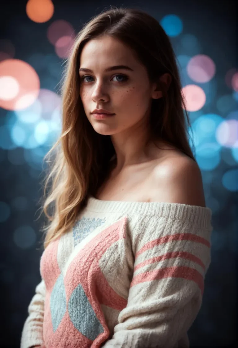 A young woman with long blonde hair, wearing an off-shoulder sweater with geometric patterns, standing against a bokeh background. This is an AI generated image using stable diffusion.