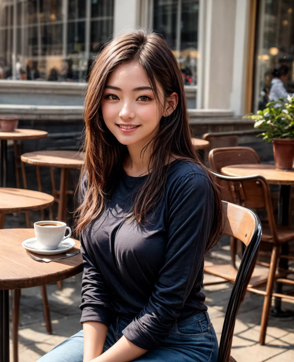 AI generated image of a young woman sitting in an outdoor cafe, created with Stable Diffusion.