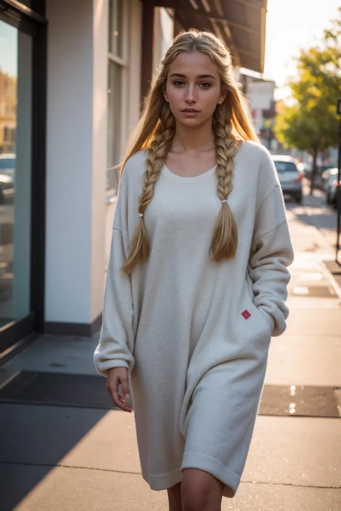 A woman with long blonde hair in two braids, wearing a loose, light-colored sweater dress, casually walking down a sunlit street. AI generated image using Stable Diffusion.