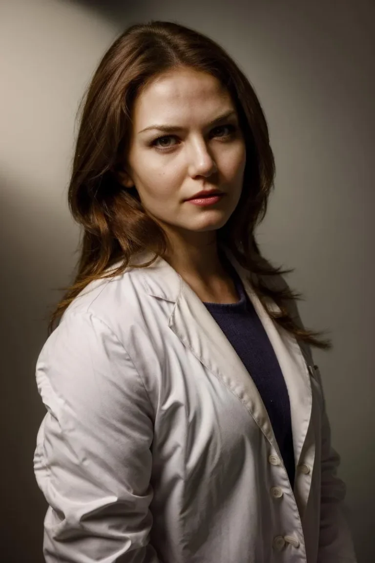 A professional portrait of a woman doctor with long brown hair, wearing a white coat and dark top, generated using stable diffusion.