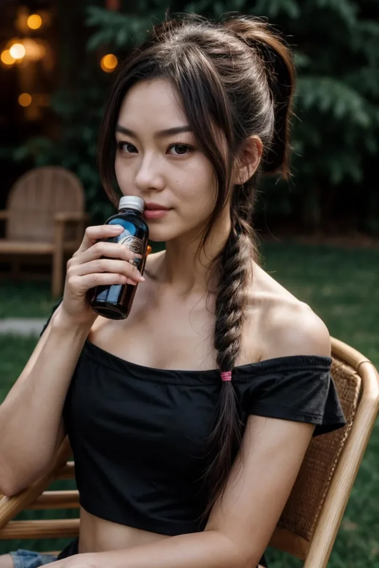 A casually dressed woman with a braided ponytail drinking from a small bottle, in an outdoor setting, generated using Stable Diffusion.