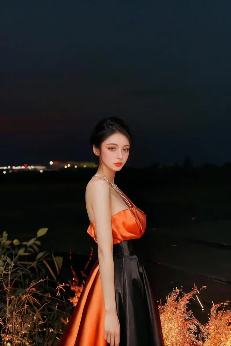 AI generated image using Stable Diffusion of a woman in an elegant orange and black evening dress, standing at night with dimly lit background.