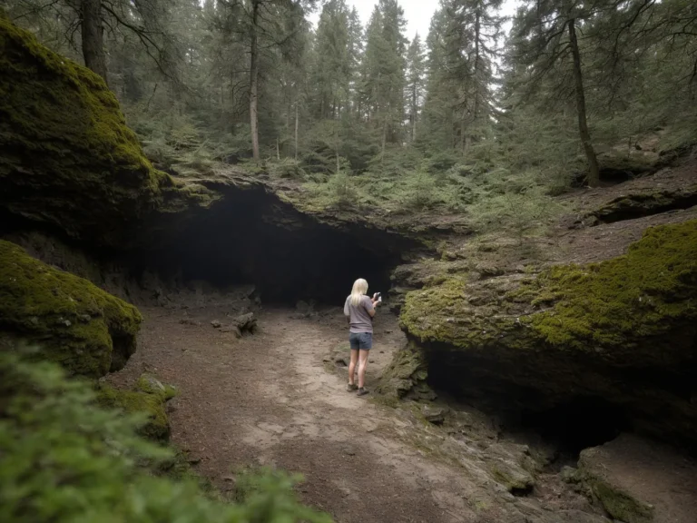 AI generated image of a woman with blonde hair and casual attire exploring a forest cave with moss-covered rocks and tall trees created using stable diffusion.