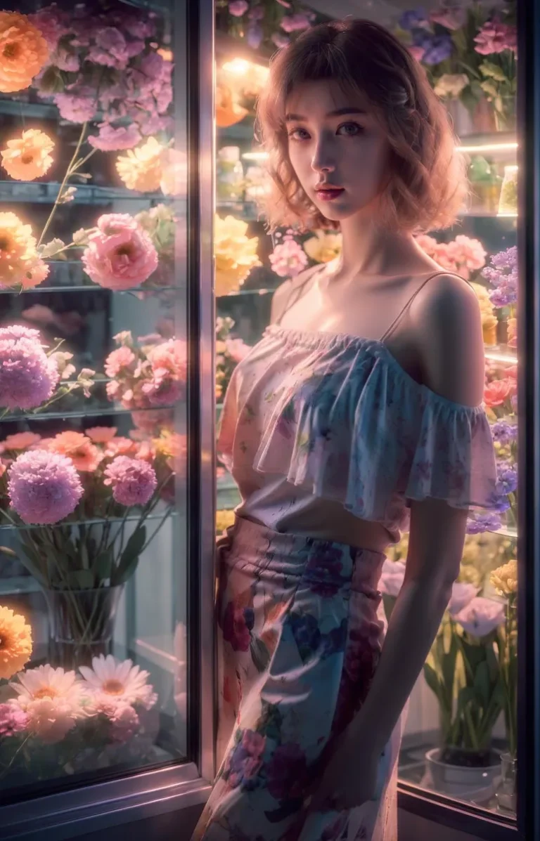Woman in a softly lit flower shop, surrounded by various vibrant flowers. This is an AI-generated image using Stable Diffusion.
