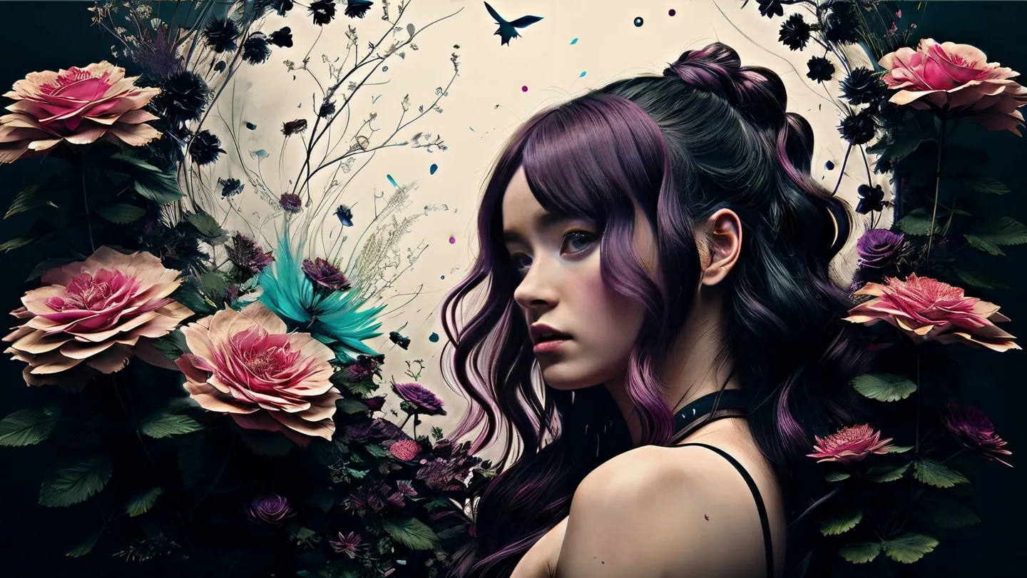 AI generated fantasy portrait of a woman with vibrant flowers using Stable Diffusion.