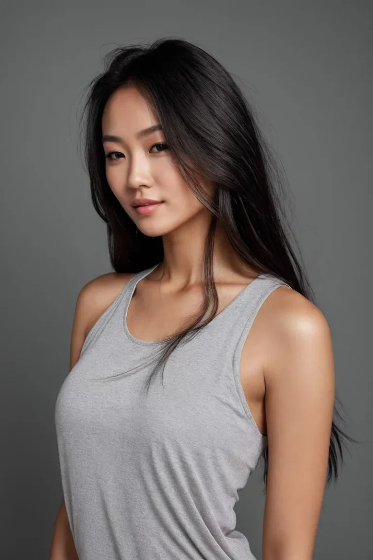 AI generated portrait of a woman with long black hair, wearing a grey tank top, created using stable diffusion.