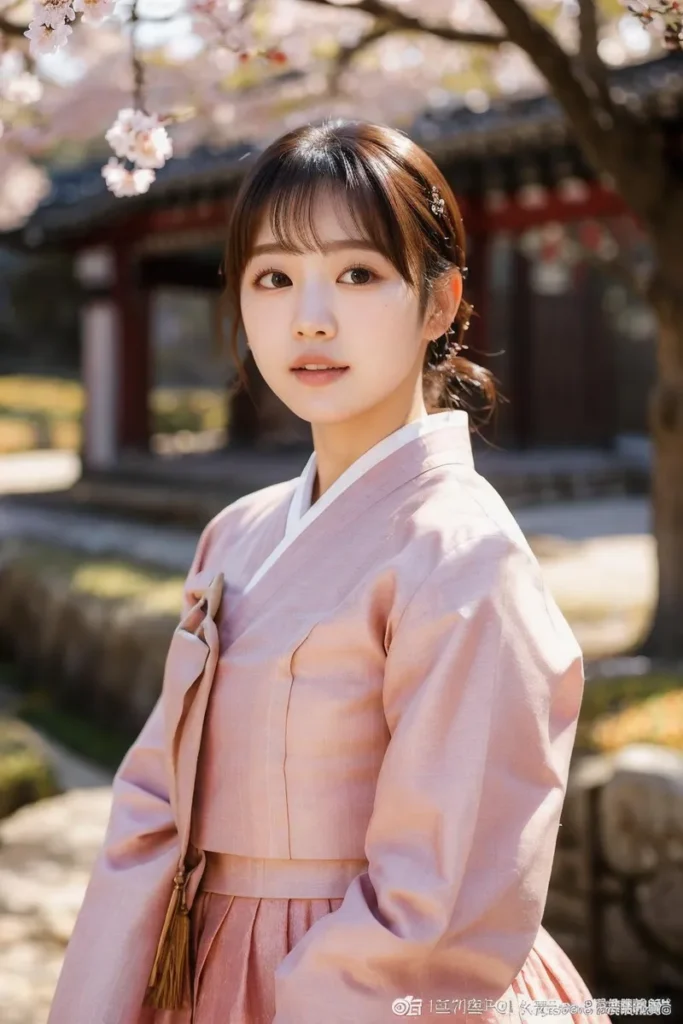 A woman in a traditional Korean dress, Hanbok, stands under cherry blossom trees. This is an AI generated image using Stable Diffusion.