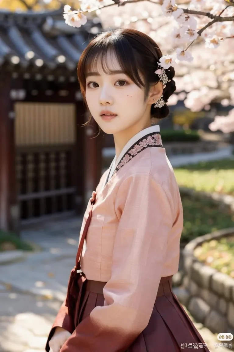 AI-generated image of a young woman in a traditional Korean hanbok, standing near cherry blossoms.