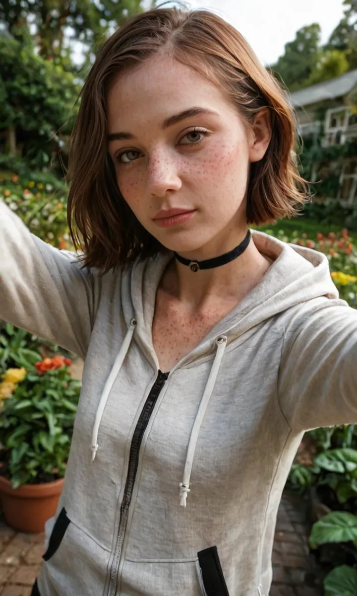 A young woman with short brown hair and freckles, wearing a gray hoodie and a black choker, posing outdoors in a garden setting. AI generated using Stable Diffusion.