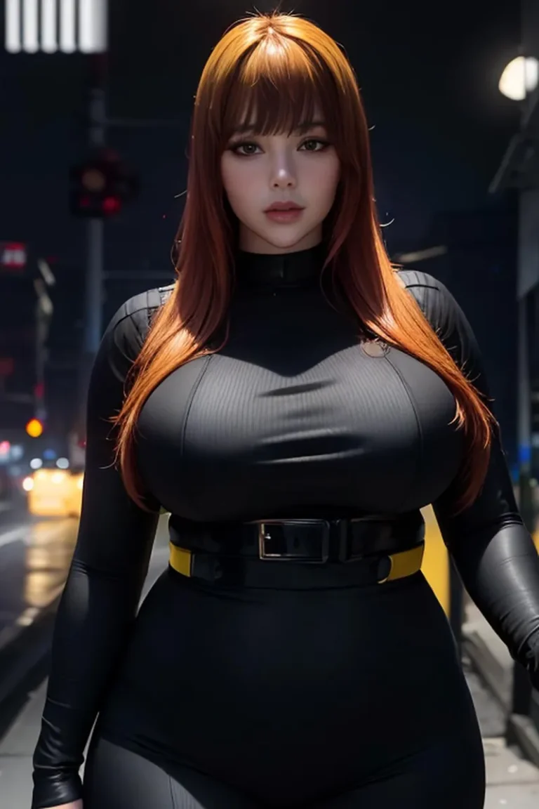 A woman in a black bodysuit standing in a nighttime urban setting. AI generated image using Stable Diffusion.