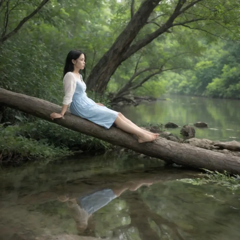 A serene woman in a light blue dress sitting on a fallen tree over a clear, shallow stream in a lush green forest, emphasizing tranquility and reflection. AI generated image using stable diffusion.