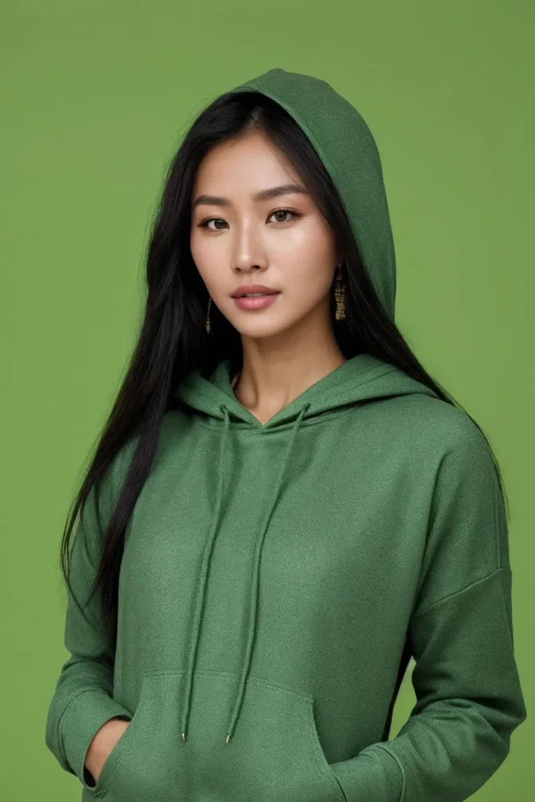 A close-up fashion portrait of a woman in a green hoodie, created using stable diffusion AI technology.