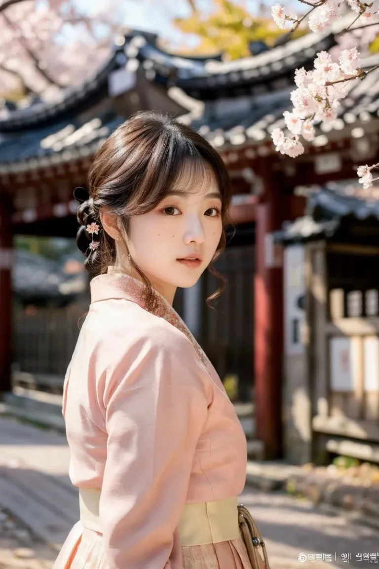 Woman in traditional hanbok against a backdrop of cherry blossoms and traditional architecture. This AI generated image created using stable diffusion.