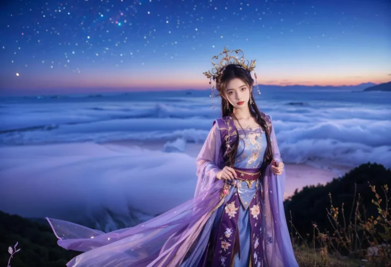 Ethereal woman in a detailed hanfu standing under a starry night sky, wearing an intricate golden headpiece. This is an AI-generated image using Stable Diffusion.