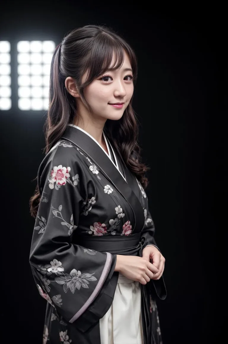 Portrait of a young woman wearing a traditional black kimono with floral patterns, created using Stable Diffusion.