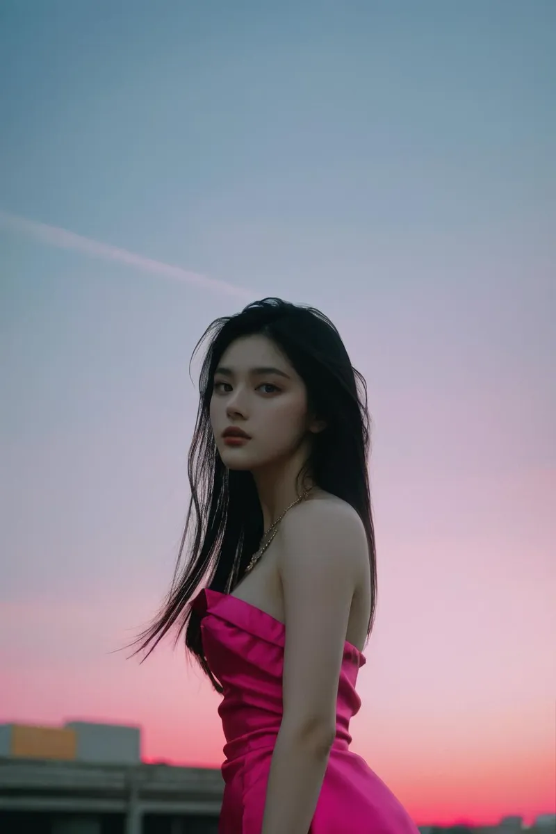 An elegant woman with long black hair in a vibrant pink off-shoulder dress standing outdoors at sunset. The sky has soft gradients of blue and pink, giving a serene backdrop.
