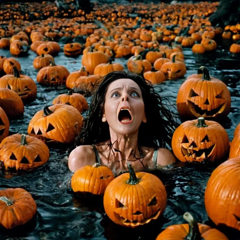 A woman with a frightened expression surrounded by numerous carved jack-o'-lantern pumpkins floating in water. This is an AI generated image using stable diffusion.