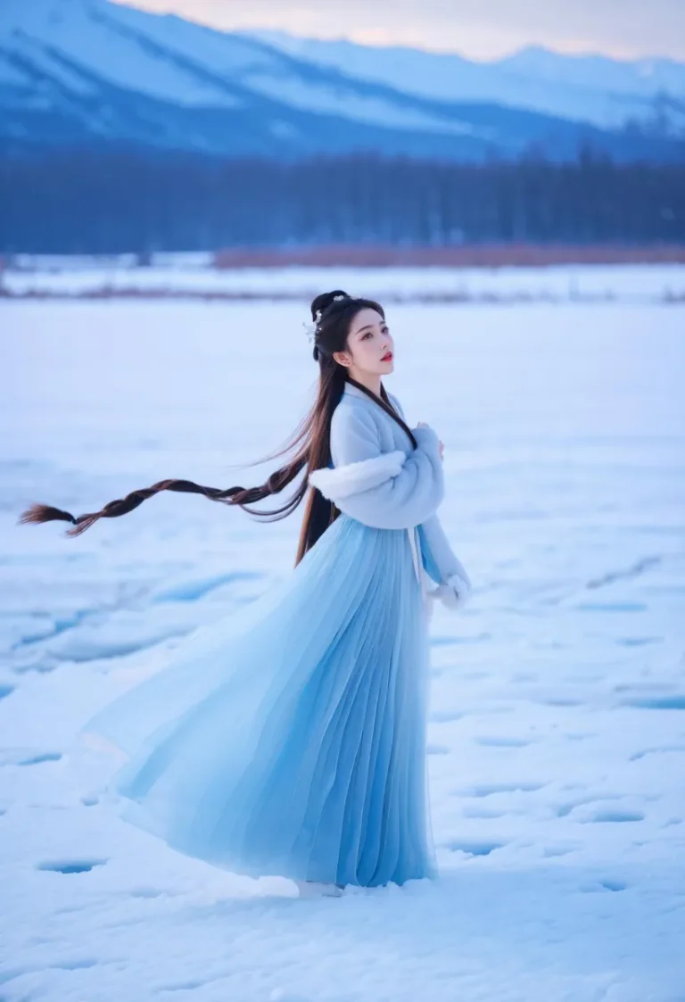 Elegant woman in a flowing blue dress standing in a snowy landscape. AI generated image using Stable Diffusion.