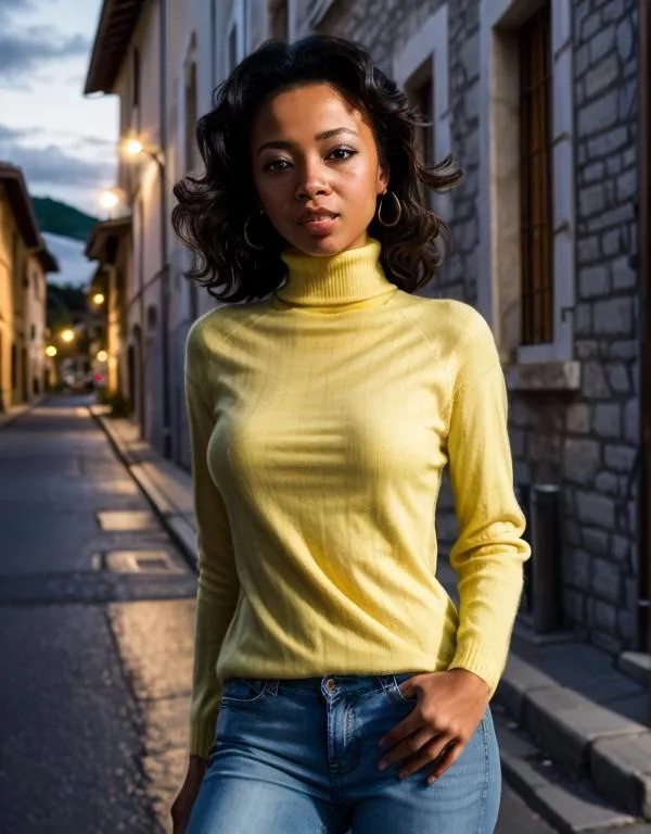 A woman dressed in a yellow turtleneck sweater and jeans stands confidently in a dimly lit evening street setting, created using Stable Diffusion AI.