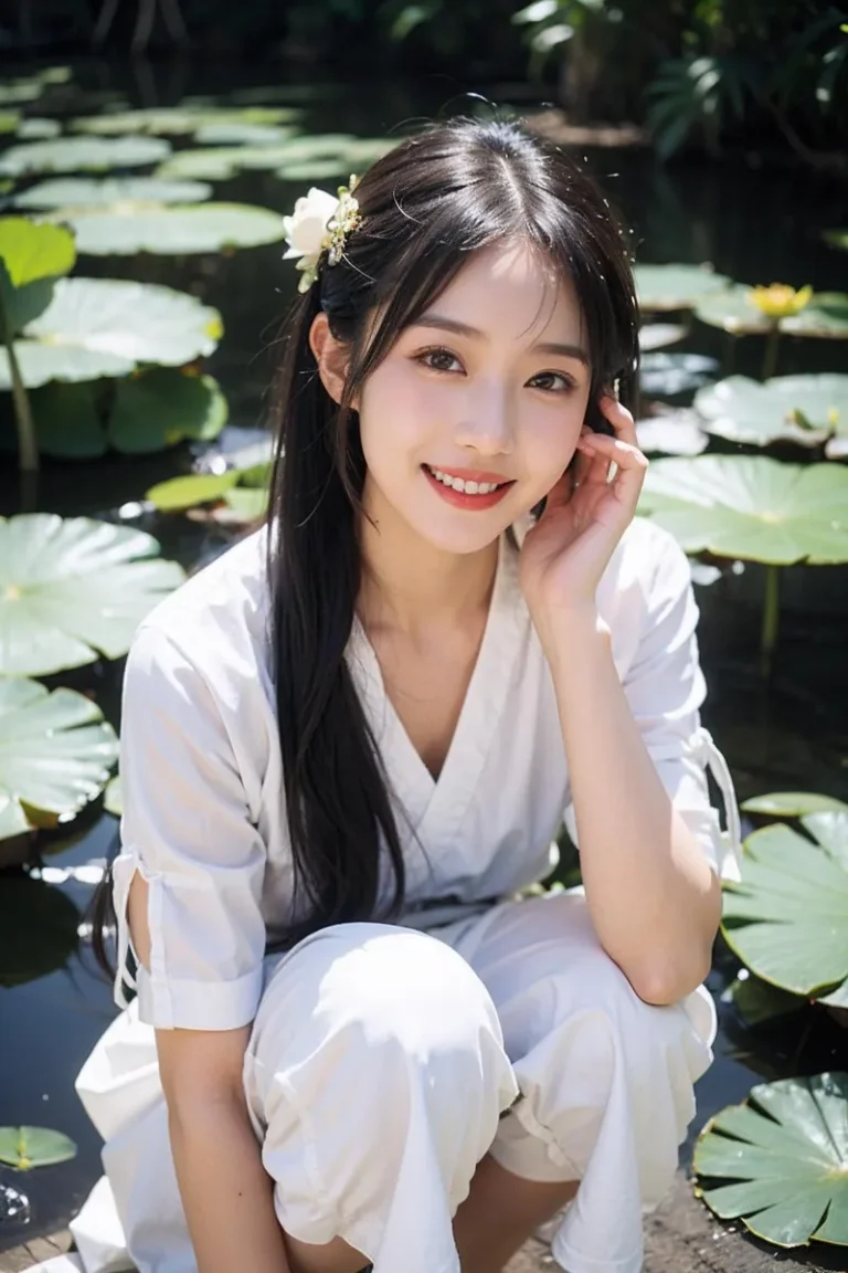 A serene woman with long black hair, dressed in a light-colored outfit, crouching by a lily pond filled with green lily pads, created using AI Stable Diffusion.