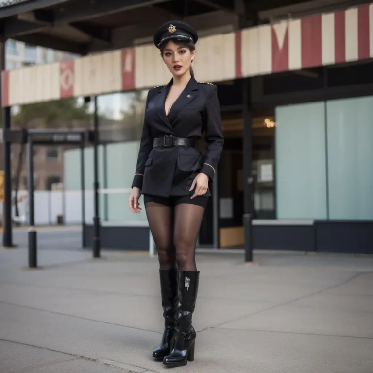 A woman dressed in a stylish black military uniform, AI generated image using Stable Diffusion.