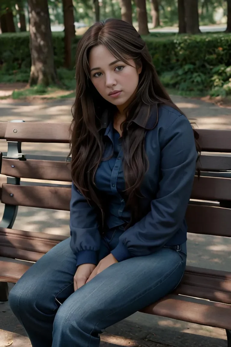 Woman with long hair in a navy blue shirt and jeans sitting on a wooden bench in a park surrounded by green trees and plants, AI generated using Stable Diffusion.