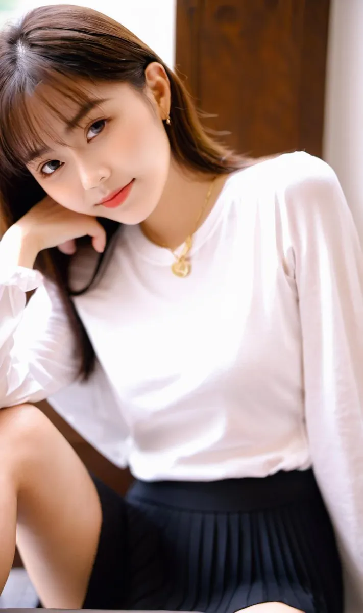 An AI-generated image using stable diffusion depicting a young woman with a gentle expression, wearing a white long-sleeve top and a black pleated skirt, sitting in a relaxed and casual manner.