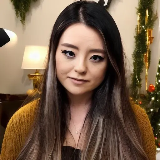 A portrait of a woman with long hair and subtle makeup, wearing a mustard-colored sweater, sitting in a cozy living room with festive decorations, generated by AI using Stable Diffusion.