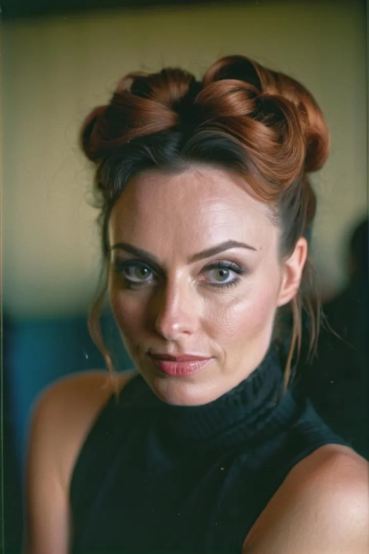 Detailed portrait of a woman with elegantly styled hair in a black turtleneck, AI generated image using Stable Diffusion.
