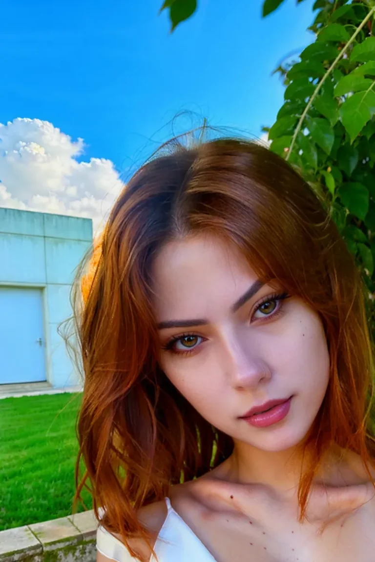 AI generated image of a close-up portrait of a woman with reddish-brown hair, standing outdoors with green grass, white building, and cloudy blue sky in the background.