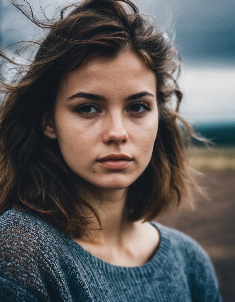 A stunning AI-generated image depicting a young woman with tousled, windy hair wearing a gray sweater, set against a blurred outdoor background using Stable Diffusion.