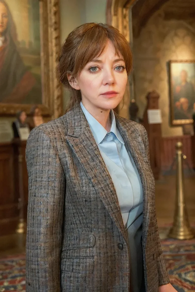 An AI generated image using Stable Diffusion of a woman with light brown hair in a museum, wearing a professional grey plaid suit over a light blue shirt.