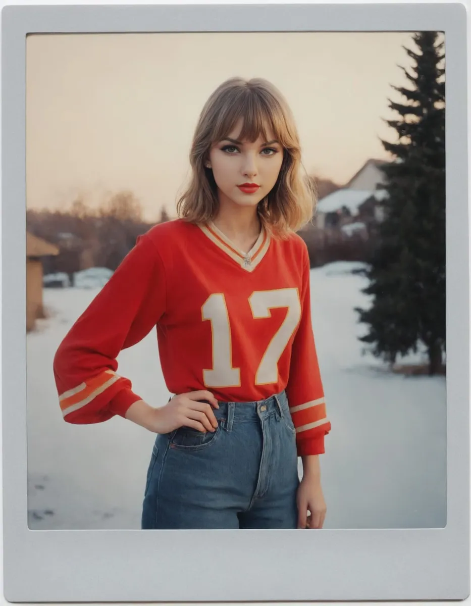AI generated image using Stable Diffusion, featuring a woman in a vintage-style photograph wearing a red jersey with the number 17, standing in a snowy background.