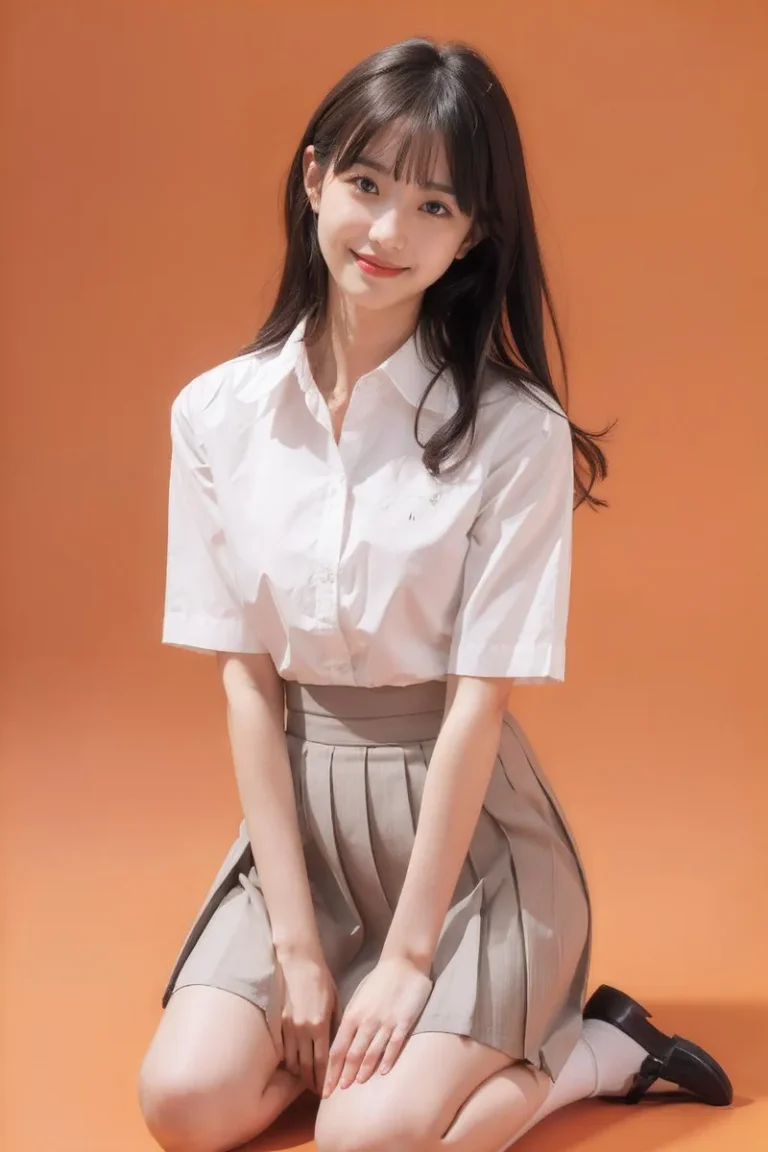 Smiling young woman kneeling, dressed in a white blouse and beige pleated skirt schoolgirl uniform. The background is solid orange. AI generated image using Stable Diffusion.