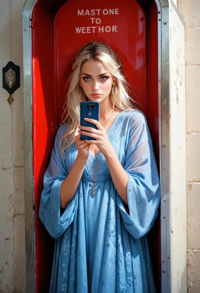 Artificial Intelligence art of a blonde woman in a light blue dress taking a selfie inside a red phone booth, created using Stable Diffusion.