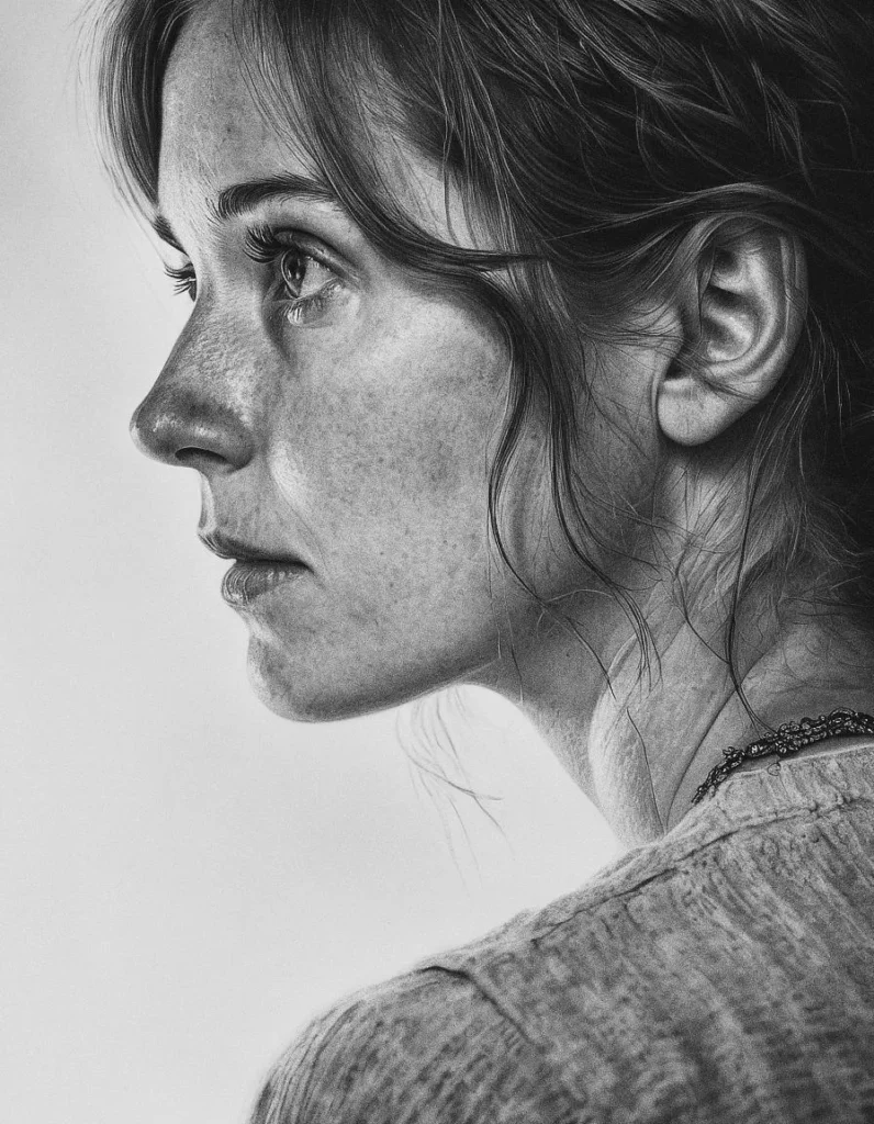A high contrast, black and white portrait of a young woman taken from a side profile view, showing intricate facial details, light freckles, and soft, wavy hair. This is an AI generated image using stable diffusion.