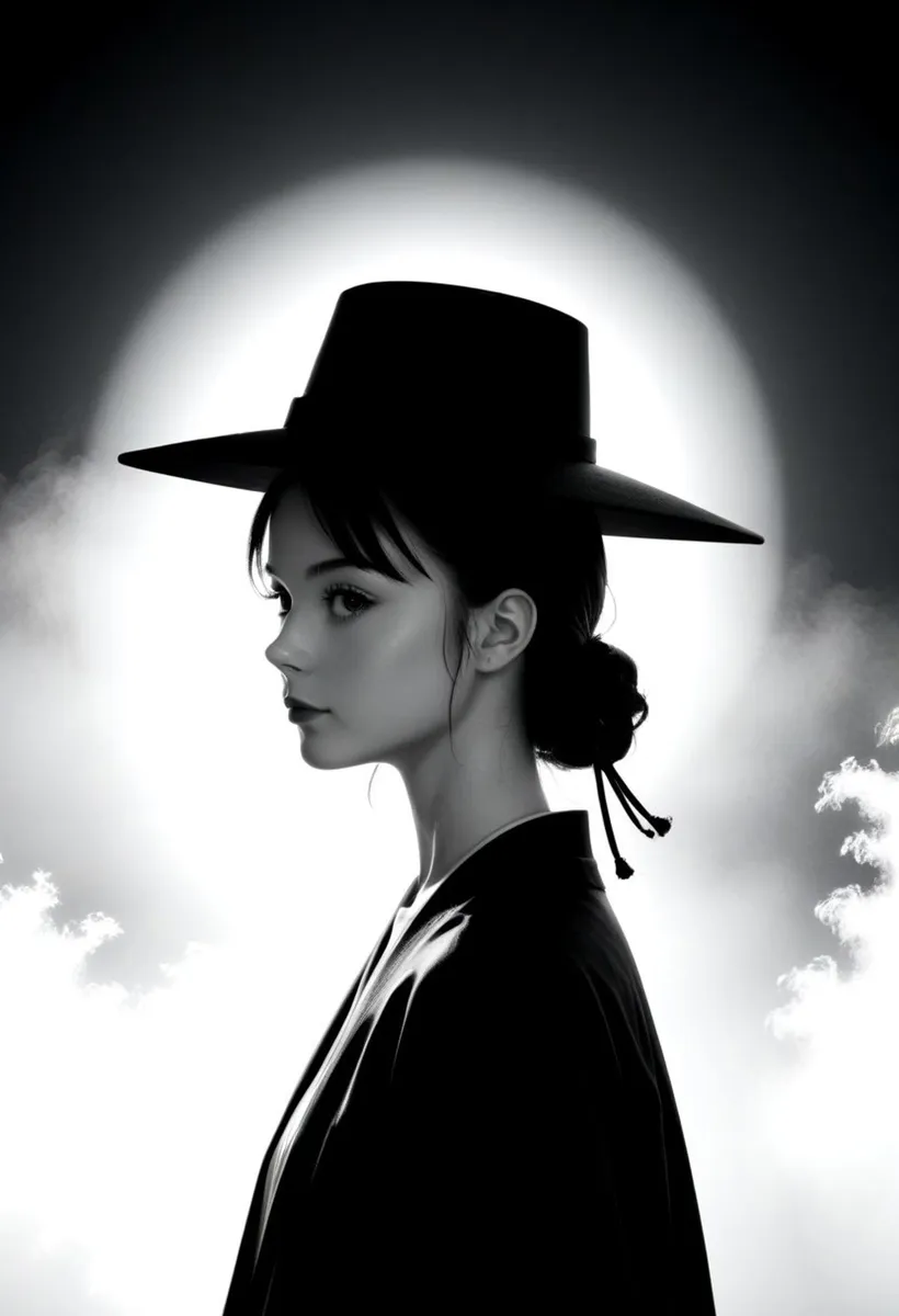 Monochrome portrait of a woman in silhouette wearing a traditional hat, created using Stable Diffusion