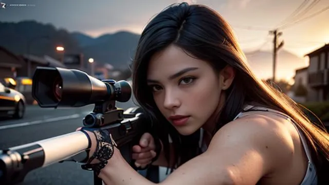 A woman sniper with an intense stare aiming through a rifle scope in an outdoor setting, created using Stable Diffusion AI.