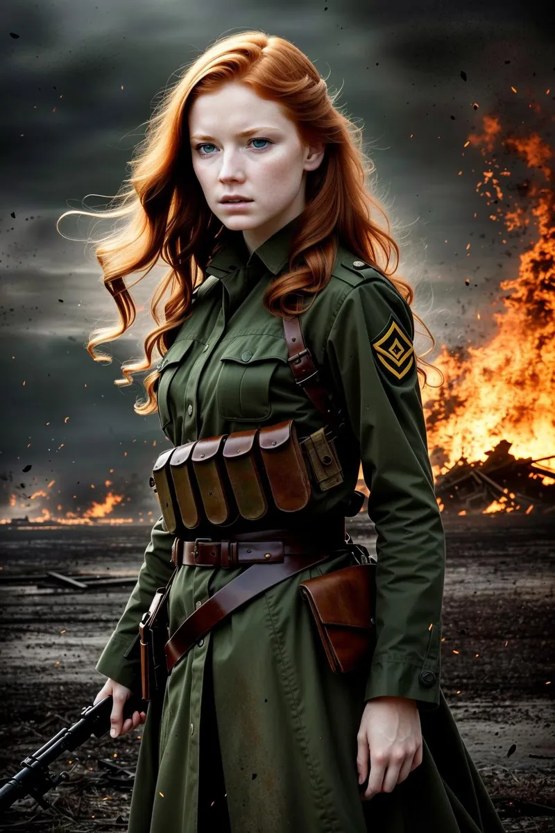 A beautiful woman with long flowing red hair in a green military uniform standing on a battlefield with a fire burning in the background. AI generated image using stable diffusion.