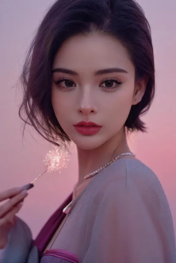 A beautiful woman with short dark hair holding a lit sparkler in a serene setting, illustrating an ai generated image using stable diffusion.