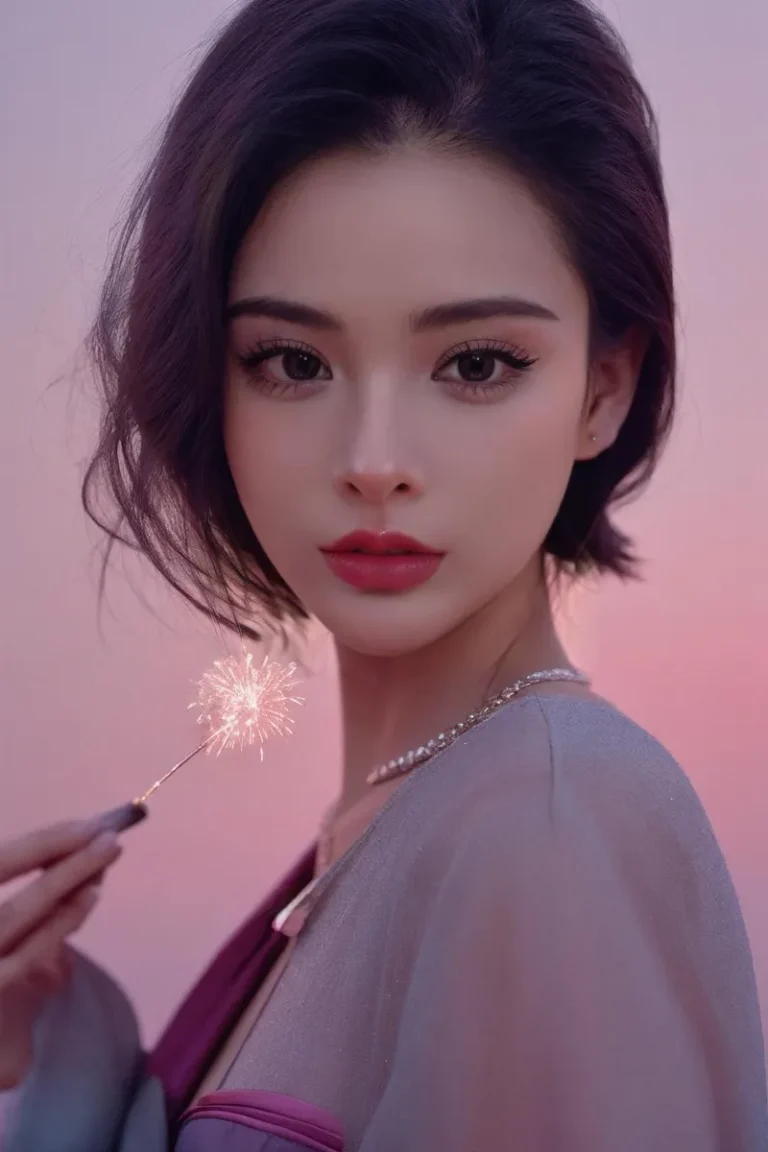 A beautiful woman with short dark hair holding a lit sparkler in a serene setting, illustrating an AI generated image using Stable Diffusion.