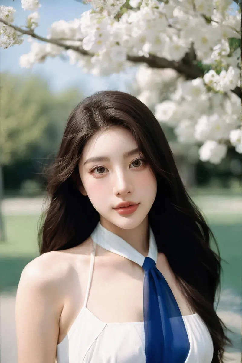 An AI generated image using stable diffusion, portraying a beautiful young woman with long dark hair and fair skin standing under blooming spring blossoms. She's wearing a white dress with a blue tie, with a blurred background of greenery and white flowers.