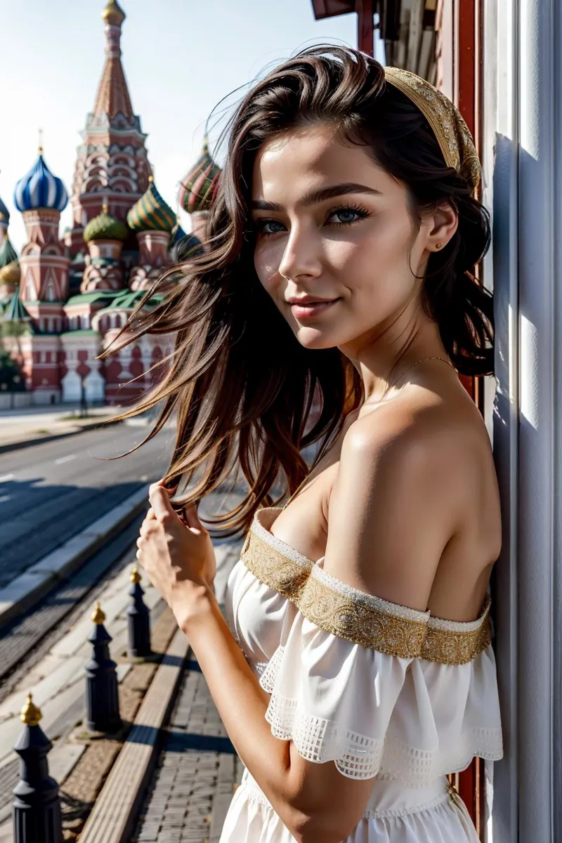 A woman in a white off-shoulder dress standing near the iconic St. Basil's Cathedral in Moscow, generated using Stable Diffusion AI.