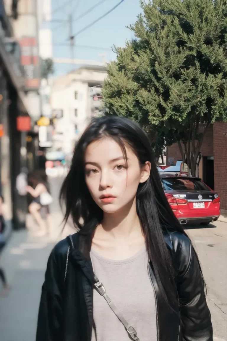 Street photo of a beautiful woman with long black hair wearing a leather jacket and gray shirt, standing on a busy street with a tree and red car in the background, created using Stable Diffusion.
