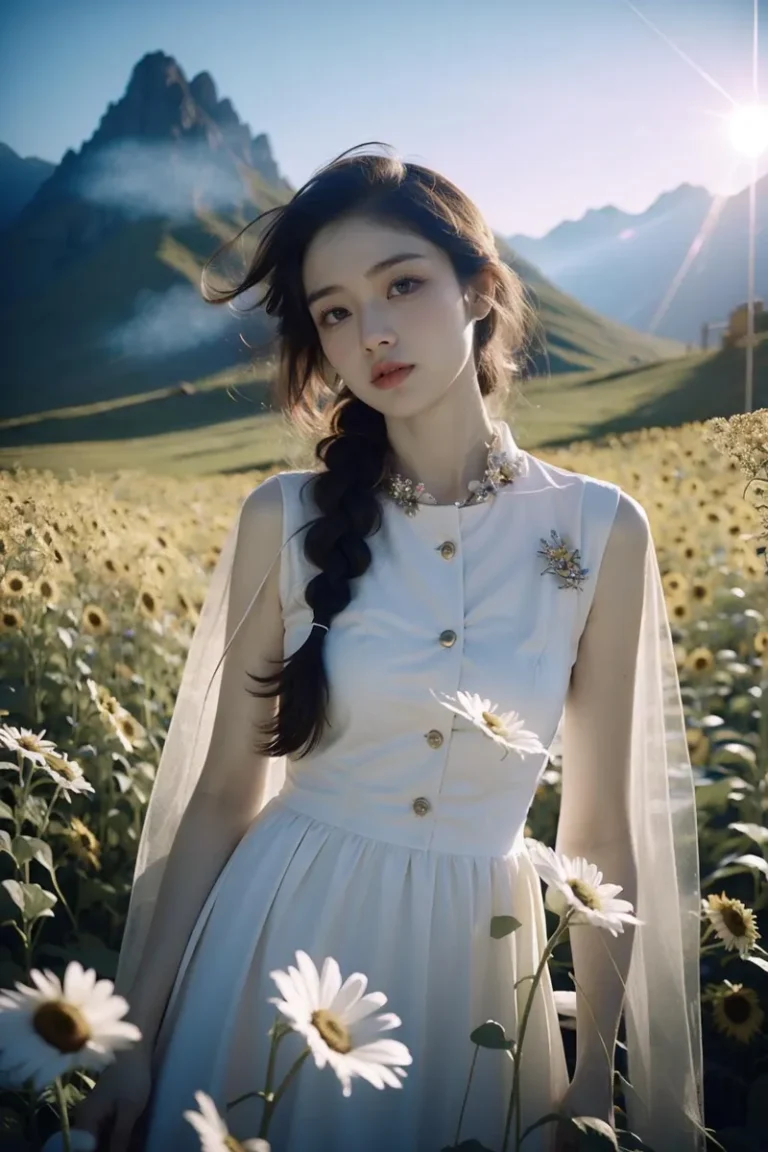 A beautiful woman with long braided hair wearing a white dress adorned with floral decorations standing in a sunflower field with a majestic mountain landscape in the background. This is an AI generated image using Stable Diffusion